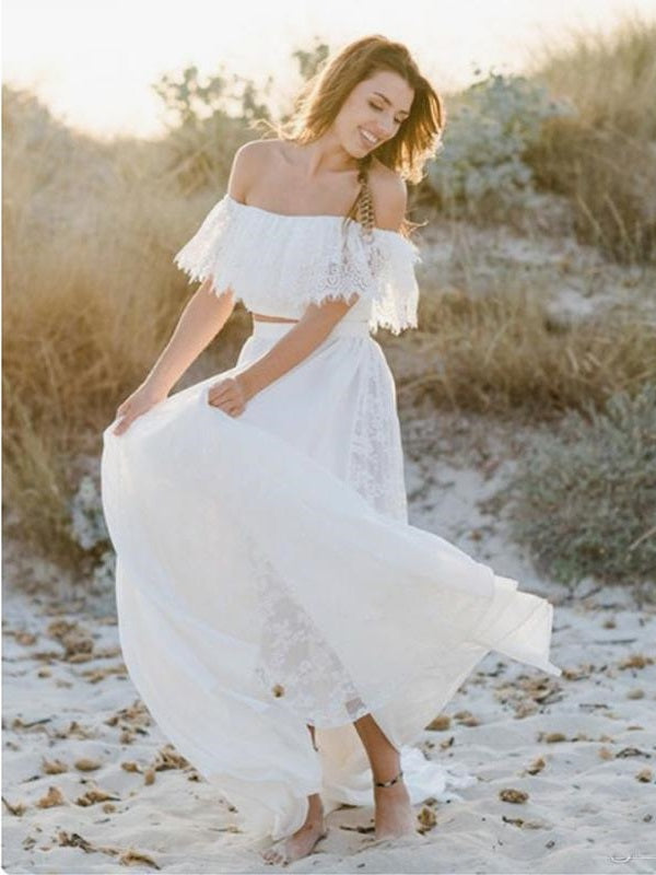 Beach Flowy Off the Shoulder Two Piece Lace Wedding Dress,Casual Bridal  Separates,20082695